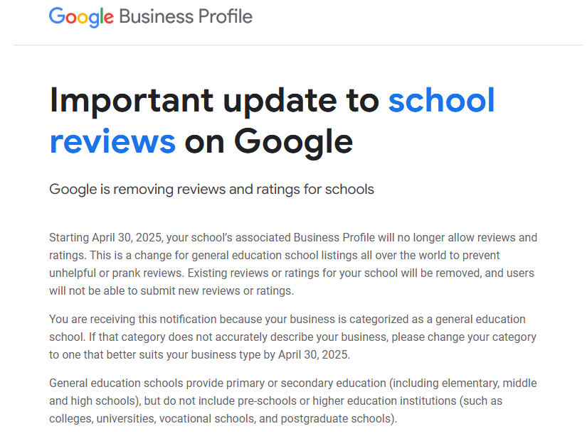 Amplify Digital Marketing for Schools - Google Removing School Reviews - Email screenshot to school GMB profile owners